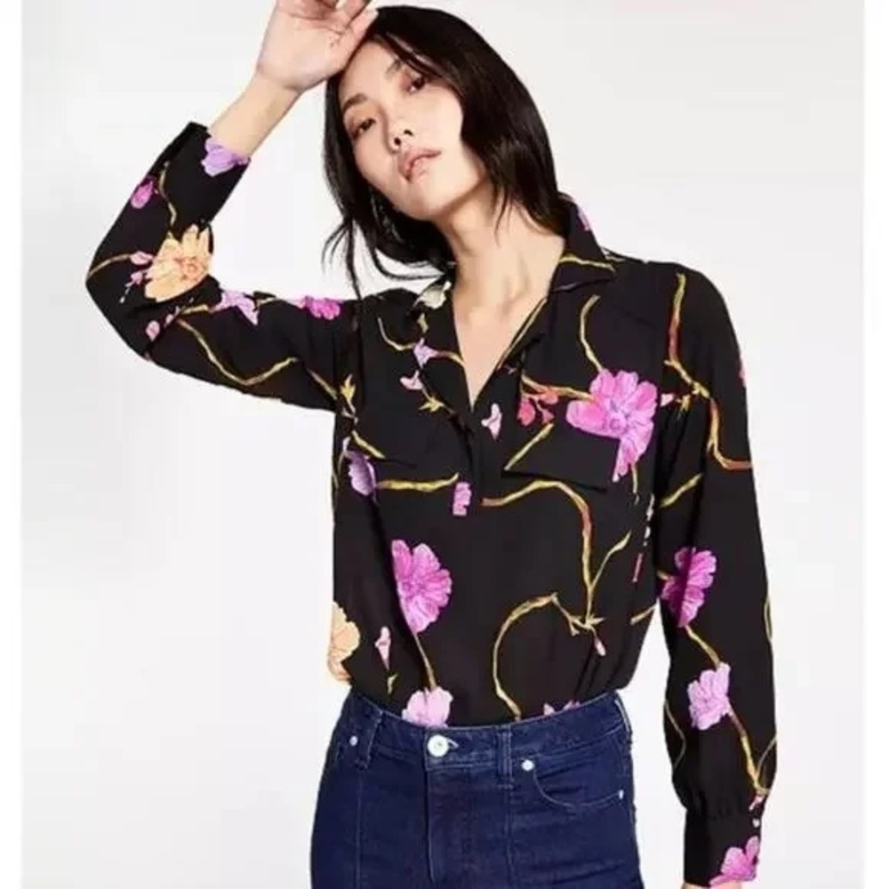INC International Concepts Black Floral Blouse